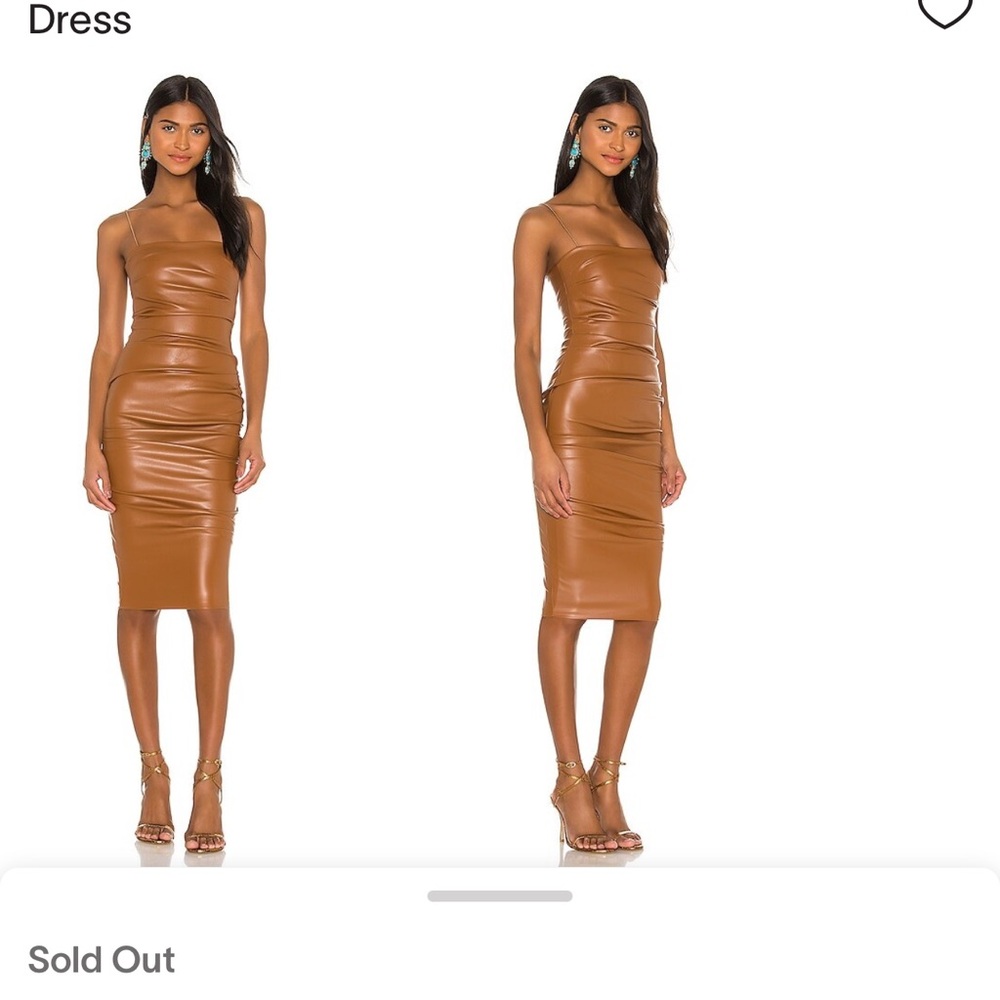 Superdown Faux Leather Ruched Caramel Bodycon Midi Dress